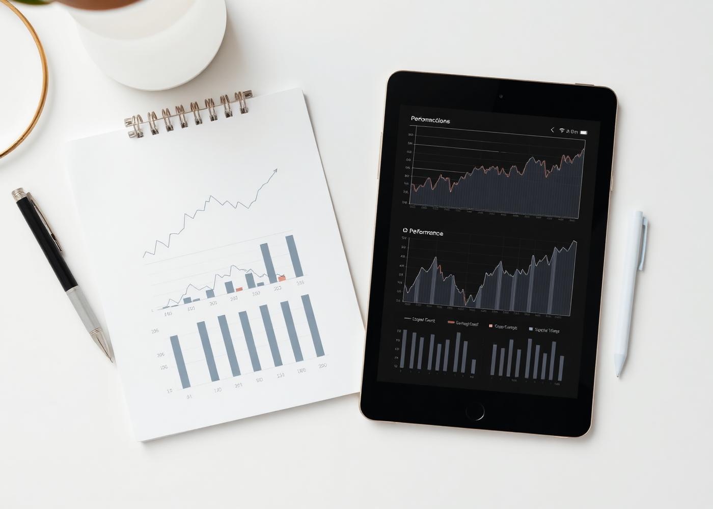 Performance analysis reports and dashboards on a consultant's desk